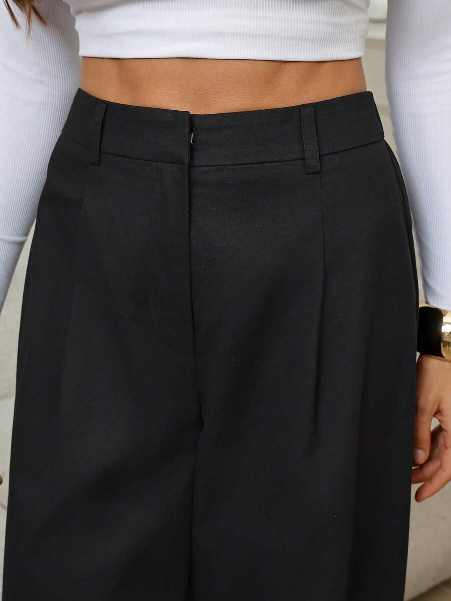 Isla High Waisted Wide Leg Pants with Pleated Front - Black