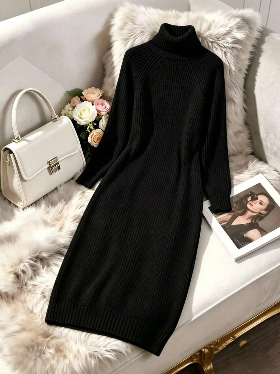 Anya High Neck Raglan Sleeve Sweater Dress - Black