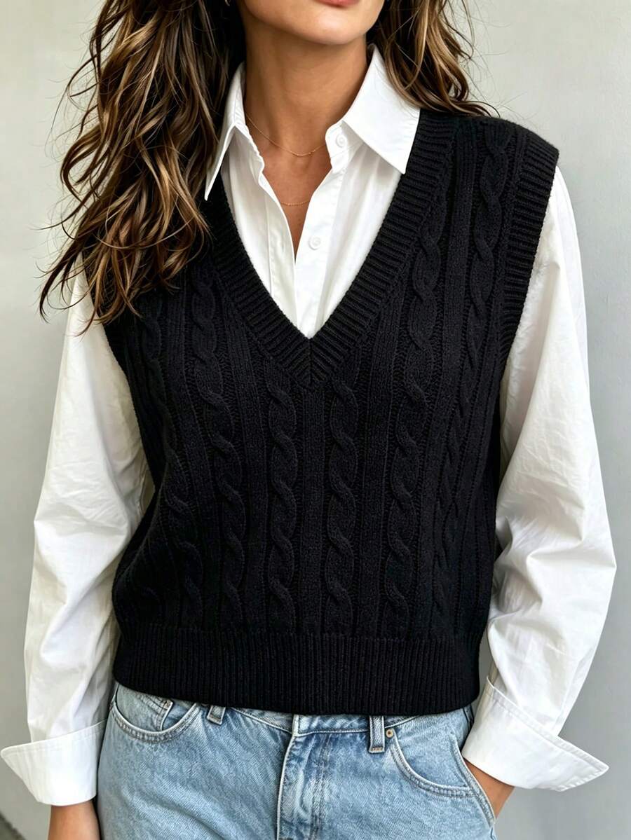 Winifred Classic Cable Knit V-Neck Sleeveless Sweater Vest - Black