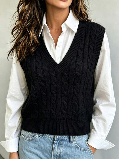 Winifred Classic Cable Knit V-Neck Sleeveless Sweater Vest - Black