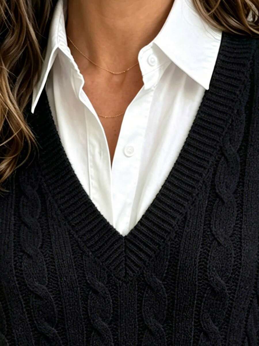 Women's Cable Knit V-Neck Sweater Vest, Sleeveless Preppy Layering Top for Fall - Grey