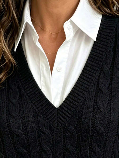 Women's Cable Knit V-Neck Sweater Vest, Sleeveless Preppy Layering Top for Fall - Grey