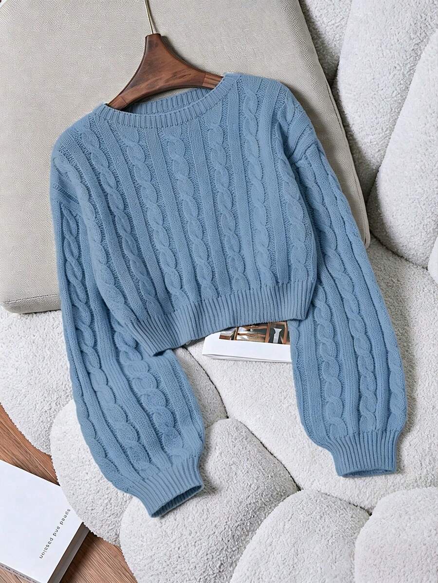 Oriana Cropped Cable Knit Sweater with Crew Neck - Dusty Blue