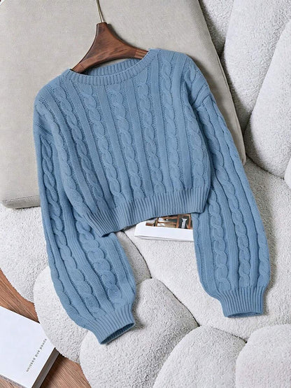 Oriana Cropped Cable Knit Sweater with Crew Neck - Dusty Blue