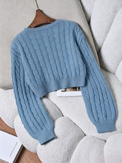 Oriana Cropped Cable Knit Sweater with Crew Neck - Dusty Blue