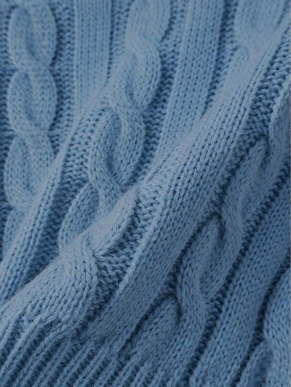 Oriana Cropped Cable Knit Sweater with Crew Neck - Dusty Blue
