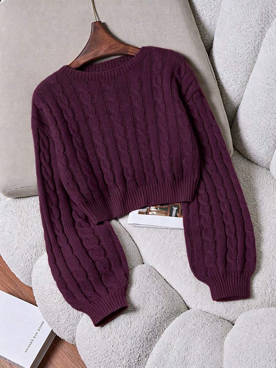 Oriana Cropped Cable Knit Sweater with Crew Neck - Plum