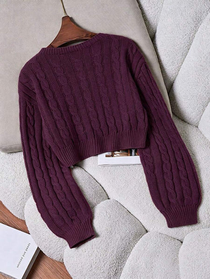Oriana Cropped Cable Knit Sweater with Crew Neck - Plum