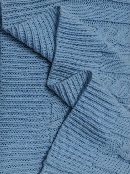 Oriana Cropped Cable Knit Sweater with Crew Neck - Dusty Blue
