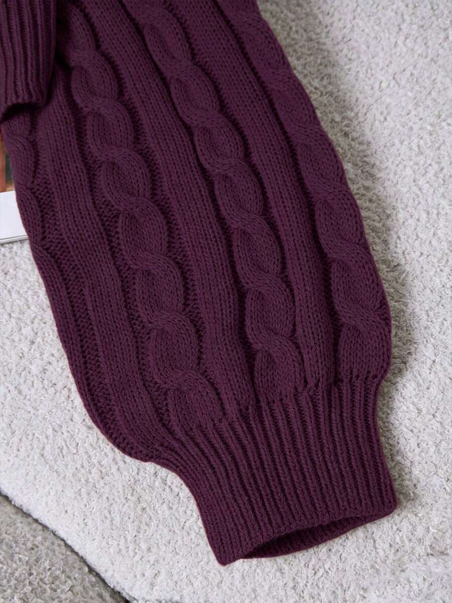 Oriana Cropped Cable Knit Sweater with Crew Neck - Plum