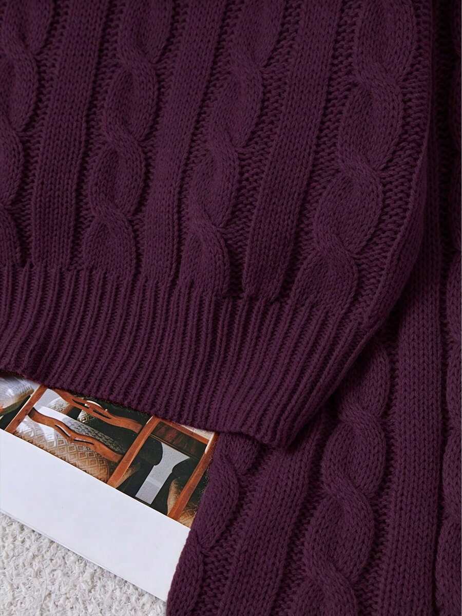 Oriana Cropped Cable Knit Sweater with Crew Neck - Plum