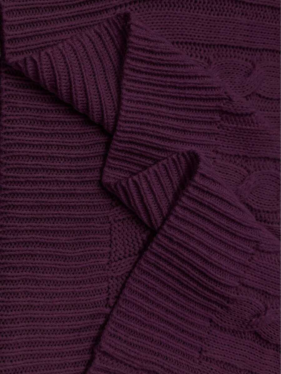 Oriana Cropped Cable Knit Sweater with Crew Neck - Plum