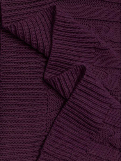 Oriana Cropped Cable Knit Sweater with Crew Neck - Plum