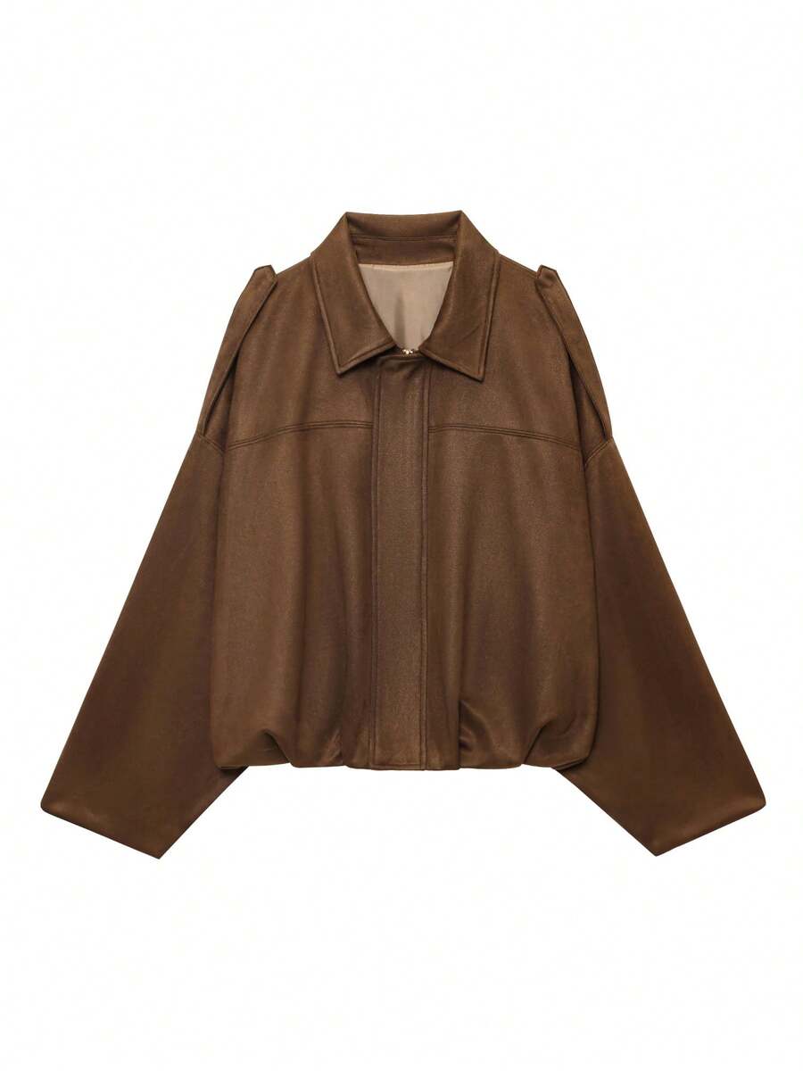 Sabrina Faux Suede Oversized Cropped Collared Jacket - Chocolate Brown
