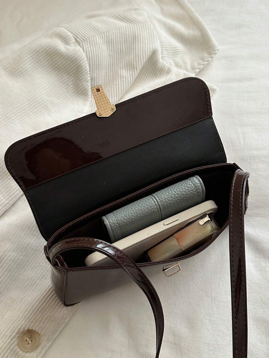 Women's Coffee Brown Shoulder Bag Quiet Luxury Metal Decor Small Underarm Purse - Brown
