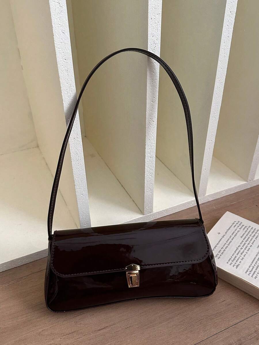 Women's Coffee Brown Shoulder Bag Quiet Luxury Metal Decor Small Underarm Purse - Brown