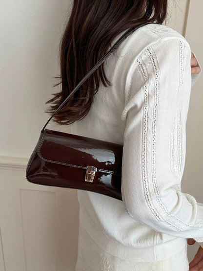Women's Coffee Brown Shoulder Bag Quiet Luxury Metal Decor Small Underarm Purse - Brown