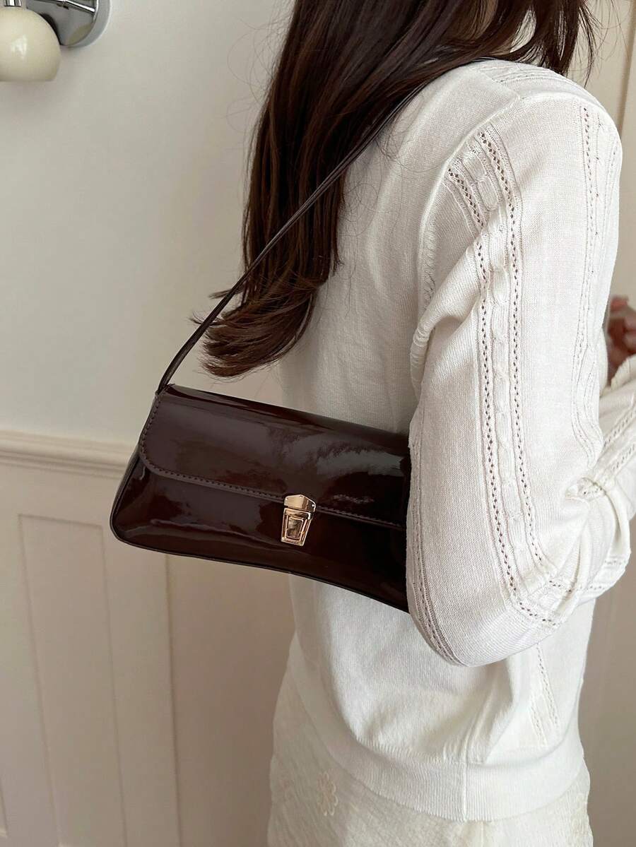 Women's Coffee Brown Shoulder Bag Quiet Luxury Metal Decor Small Underarm Purse - Brown