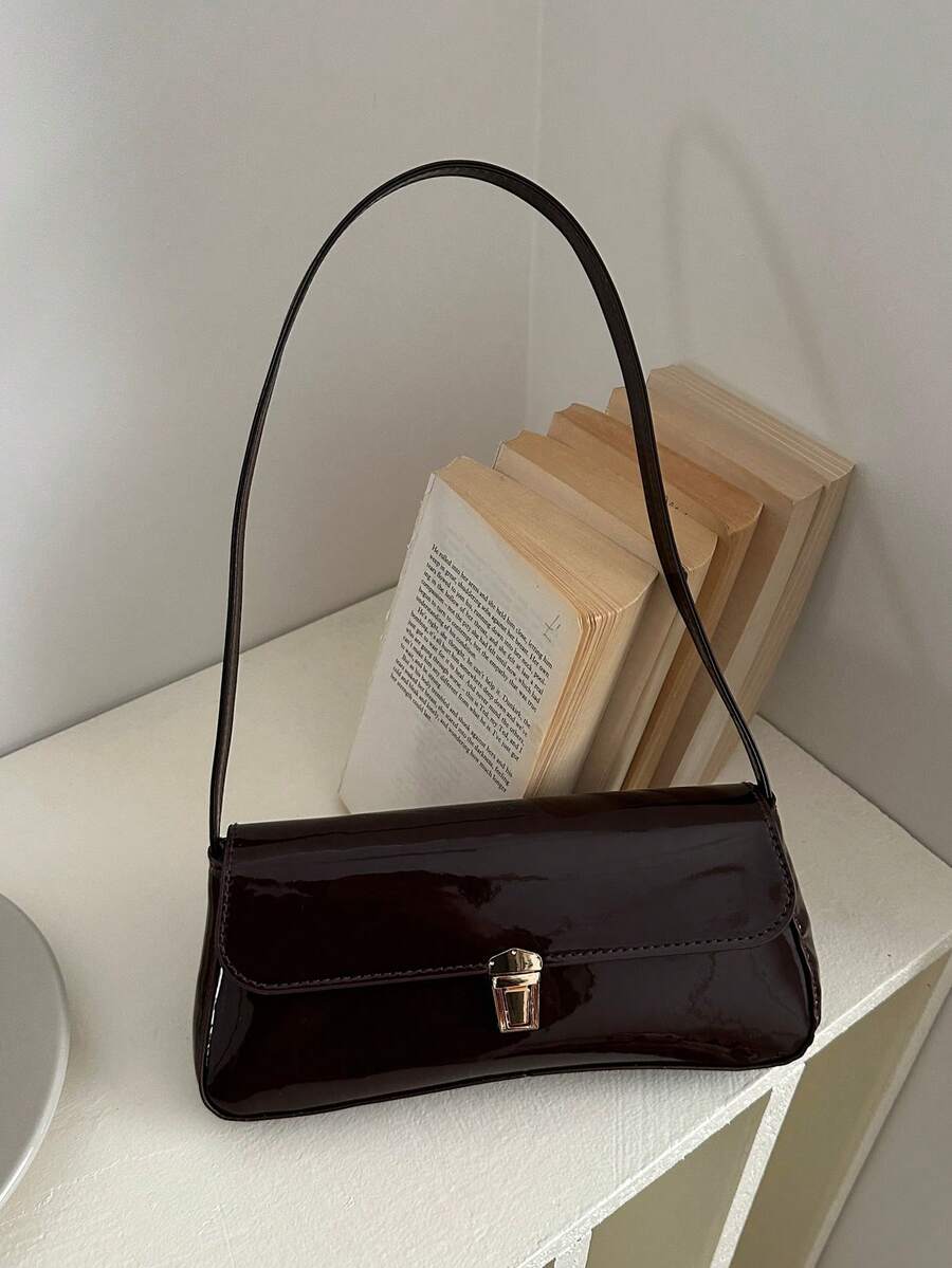 Women's Coffee Brown Shoulder Bag Quiet Luxury Metal Decor Small Underarm Purse - Brown