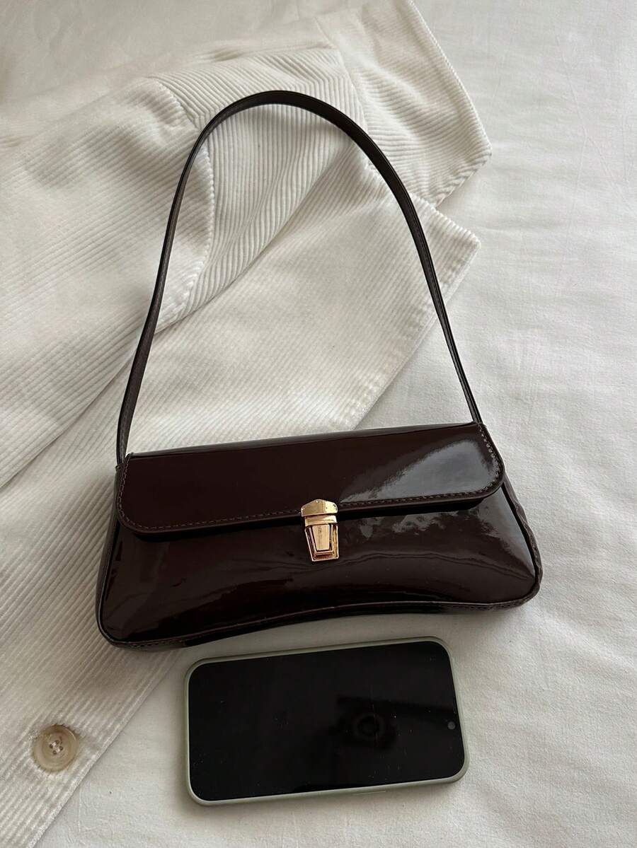 Women's Coffee Brown Shoulder Bag Quiet Luxury Metal Decor Small Underarm Purse - Brown