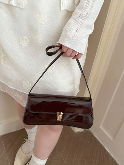 Women's Coffee Brown Shoulder Bag Quiet Luxury Metal Decor Small Underarm Purse - Brown