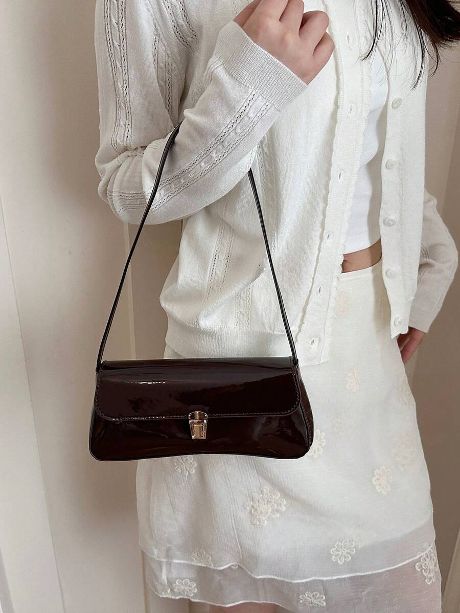 Women's Coffee Brown Shoulder Bag Quiet Luxury Metal Decor Small Underarm Purse - Brown