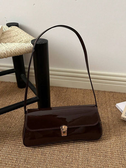Women's Coffee Brown Shoulder Bag Quiet Luxury Metal Decor Small Underarm Purse - Brown