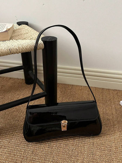 Women's Coffee Brown Shoulder Bag Quiet Luxury Metal Decor Small Underarm Purse - Black