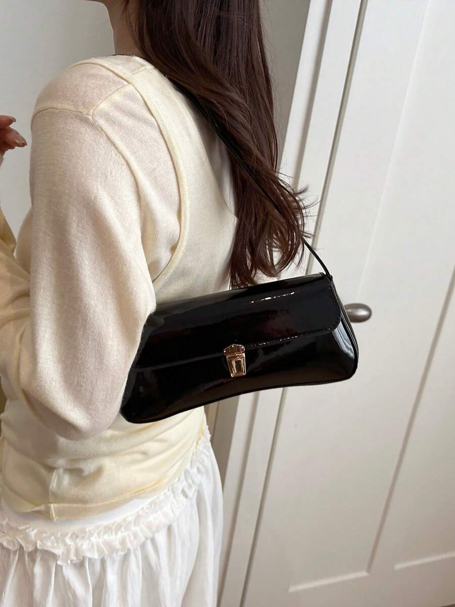 Women's Coffee Brown Shoulder Bag Quiet Luxury Metal Decor Small Underarm Purse - Black