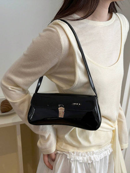 Women's Coffee Brown Shoulder Bag Quiet Luxury Metal Decor Small Underarm Purse - Black