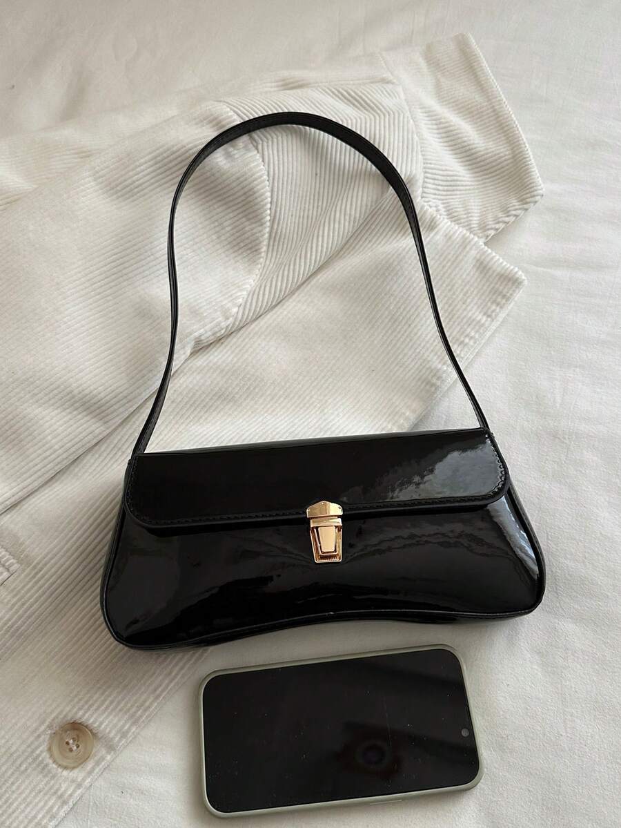 Women's Coffee Brown Shoulder Bag Quiet Luxury Metal Decor Small Underarm Purse - Black