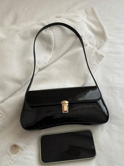 Women's Coffee Brown Shoulder Bag Quiet Luxury Metal Decor Small Underarm Purse - Black