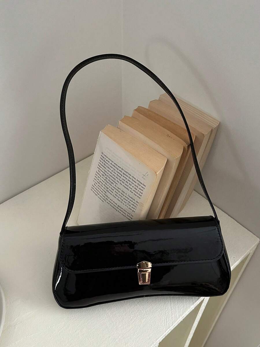 Women's Coffee Brown Shoulder Bag Quiet Luxury Metal Decor Small Underarm Purse - Black