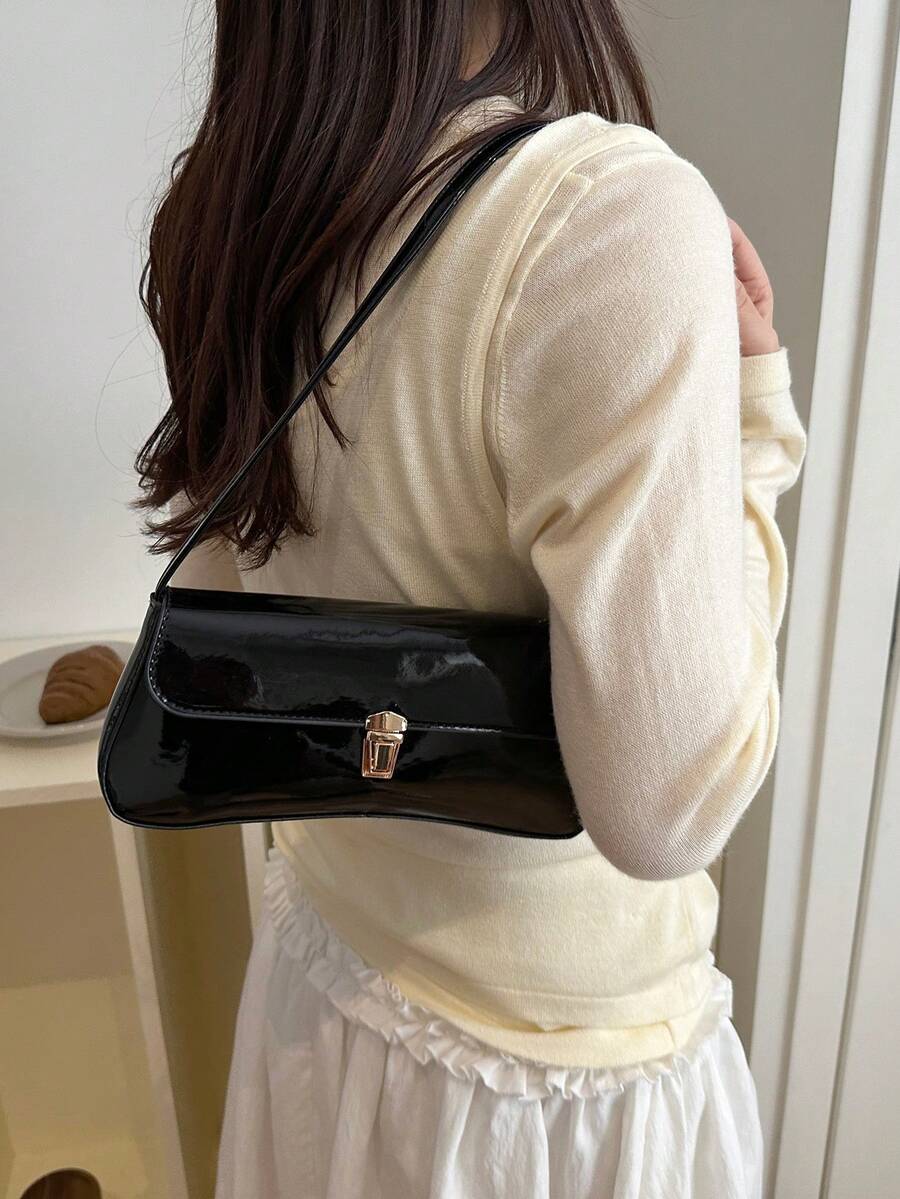 Women's Coffee Brown Shoulder Bag Quiet Luxury Metal Decor Small Underarm Purse - Black