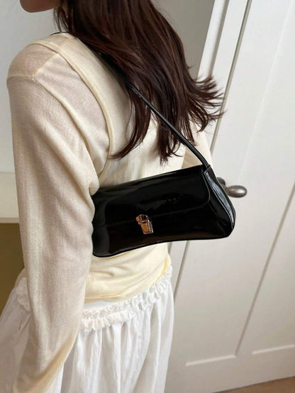 Women's Coffee Brown Shoulder Bag Quiet Luxury Metal Decor Small Underarm Purse - Black