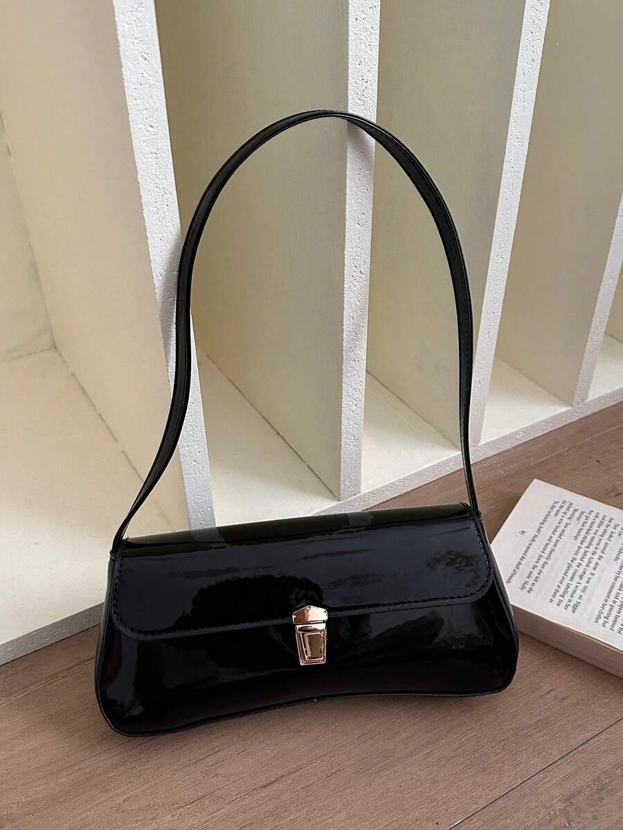 Women's Coffee Brown Shoulder Bag Quiet Luxury Metal Decor Small Underarm Purse - Black