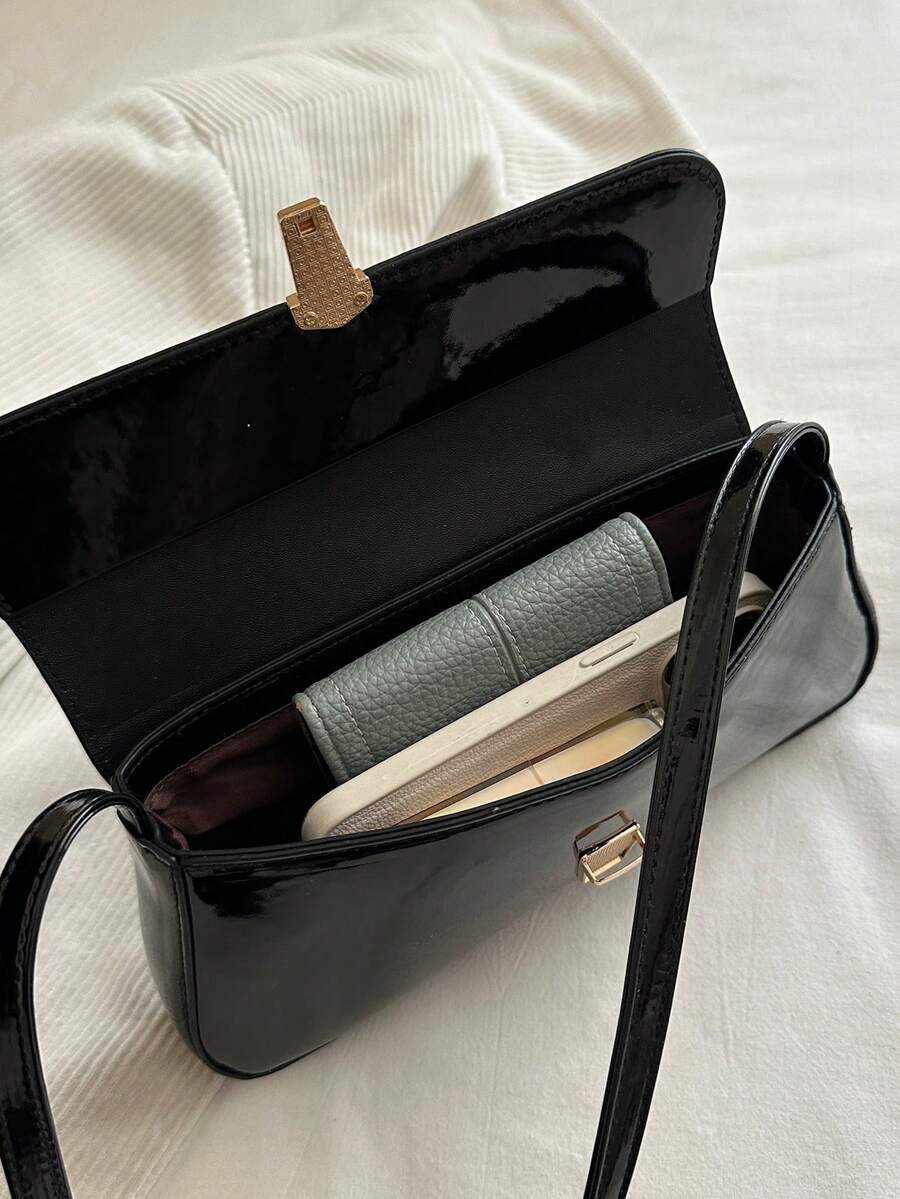 Women's Coffee Brown Shoulder Bag Quiet Luxury Metal Decor Small Underarm Purse - Black