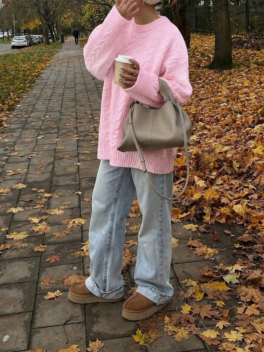 Solenne Oversized Chunky Cable Knit Sweater with Drop Shoulders - Pink