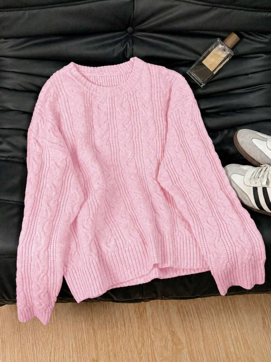 Solenne Oversized Chunky Cable Knit Sweater with Drop Shoulders - Pink