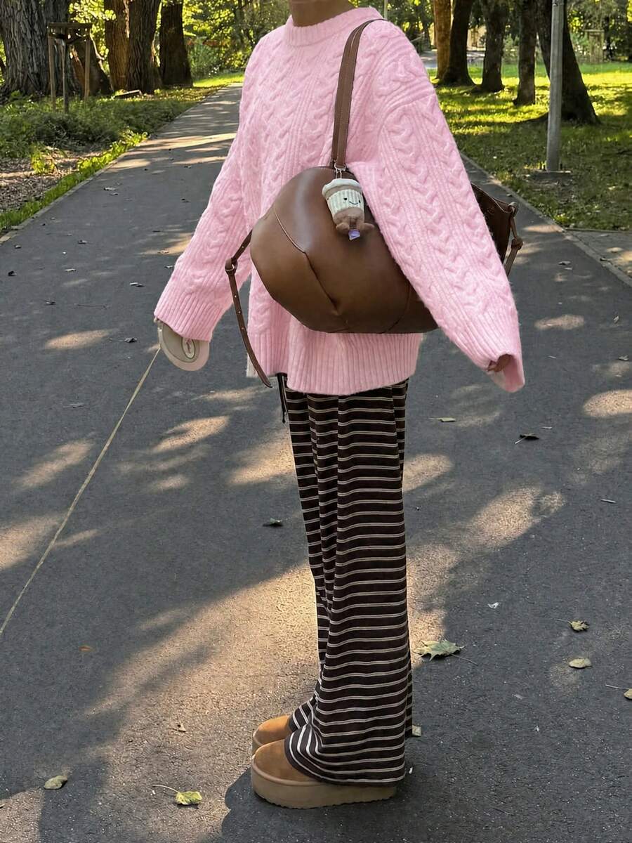 Solenne Oversized Chunky Cable Knit Sweater with Drop Shoulders - Pink