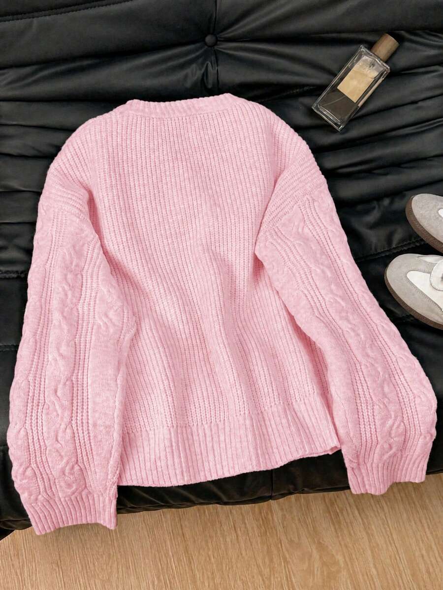 Solenne Oversized Chunky Cable Knit Sweater with Drop Shoulders - Pink