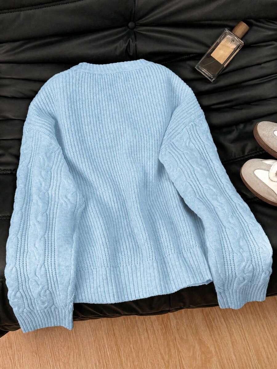 Solenne Oversized Chunky Cable Knit Sweater with Drop Shoulders - Baby Blue