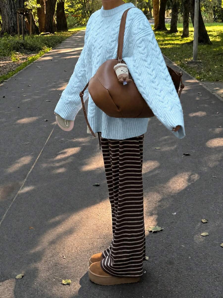 Solenne Oversized Chunky Cable Knit Sweater with Drop Shoulders - Baby Blue