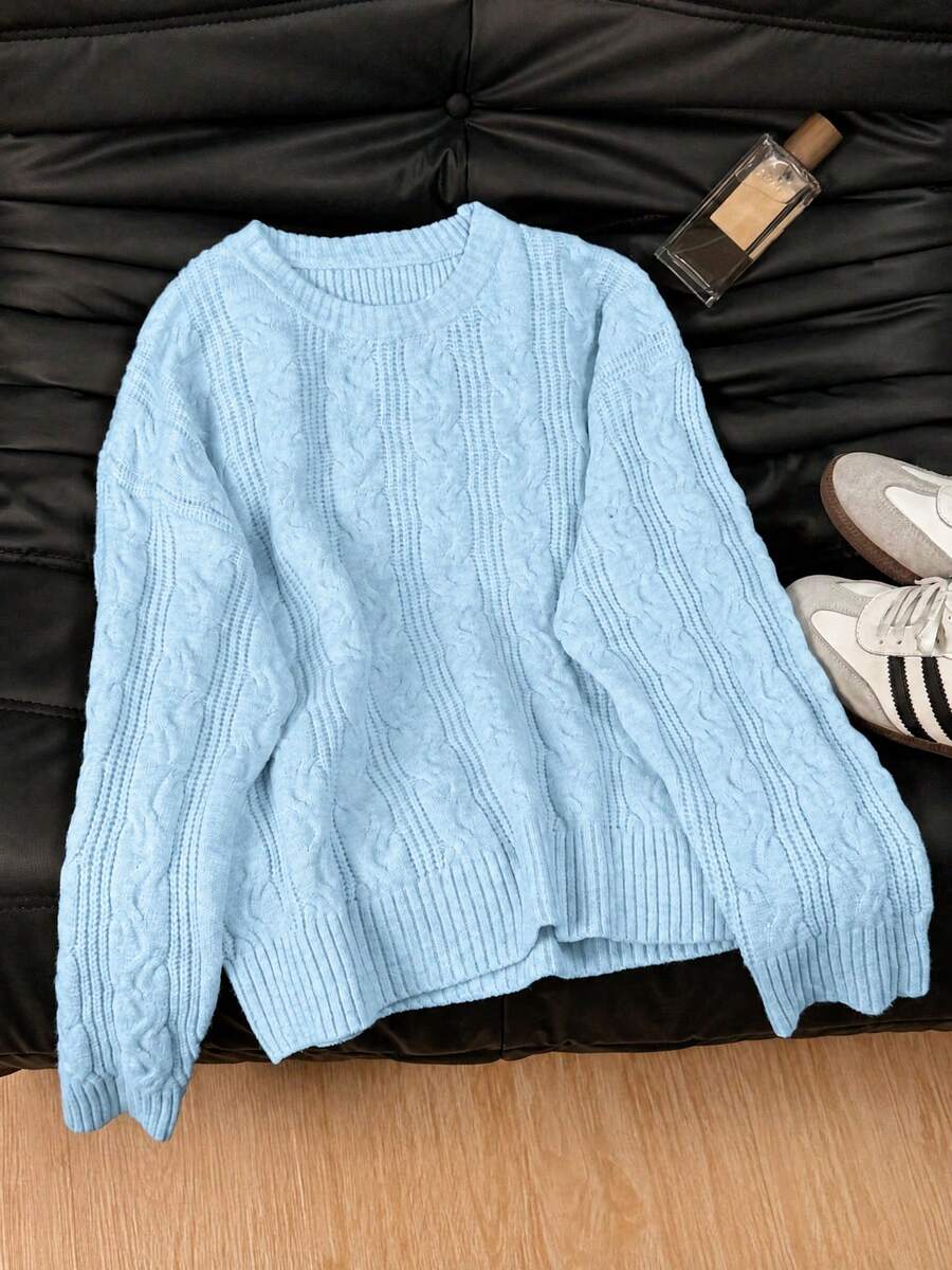 Solenne Oversized Chunky Cable Knit Sweater with Drop Shoulders - Baby Blue