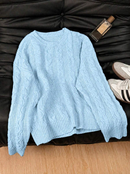 Solenne Oversized Chunky Cable Knit Sweater with Drop Shoulders - Baby Blue