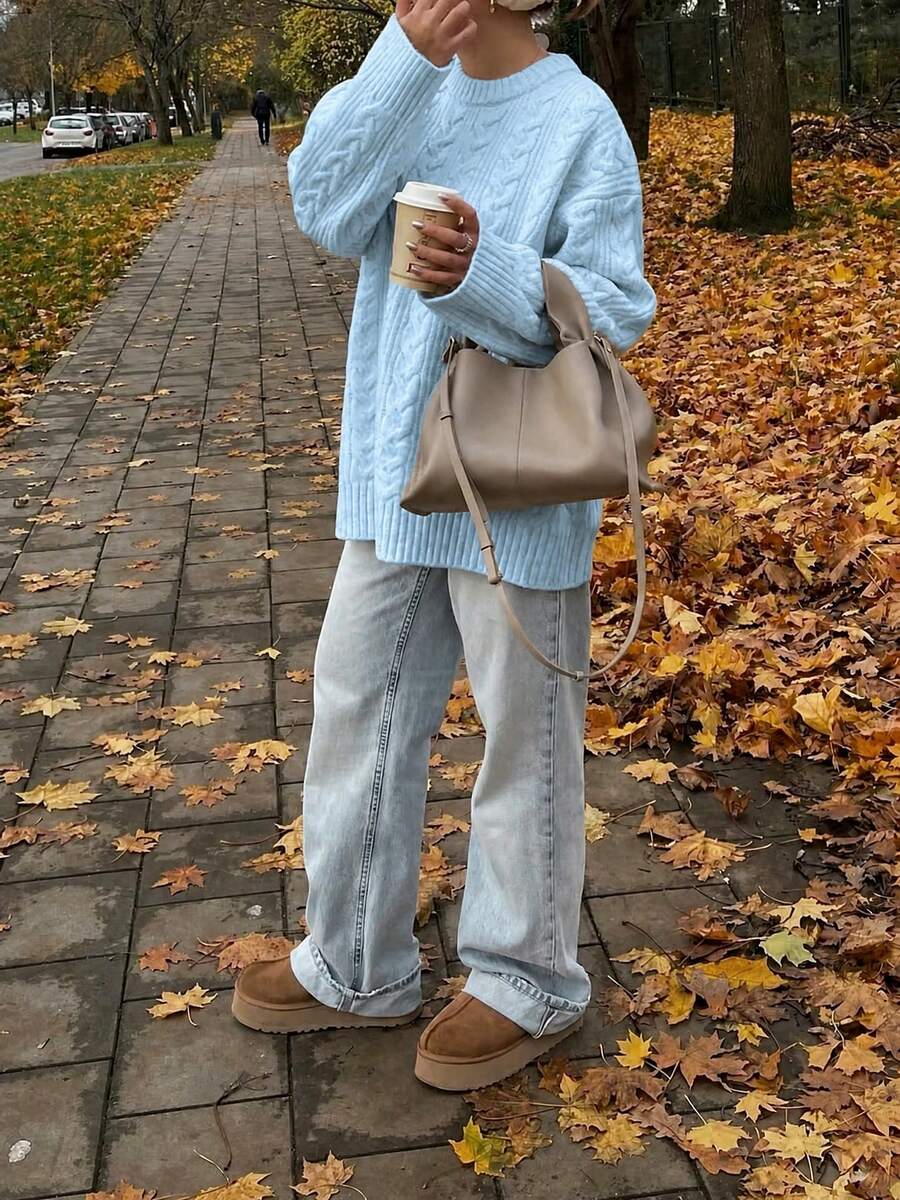 Solenne Oversized Chunky Cable Knit Sweater with Drop Shoulders - Baby Blue