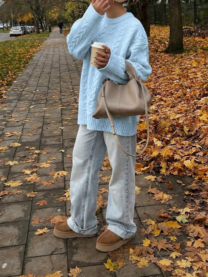 Solenne Oversized Chunky Cable Knit Sweater with Drop Shoulders - Baby Blue