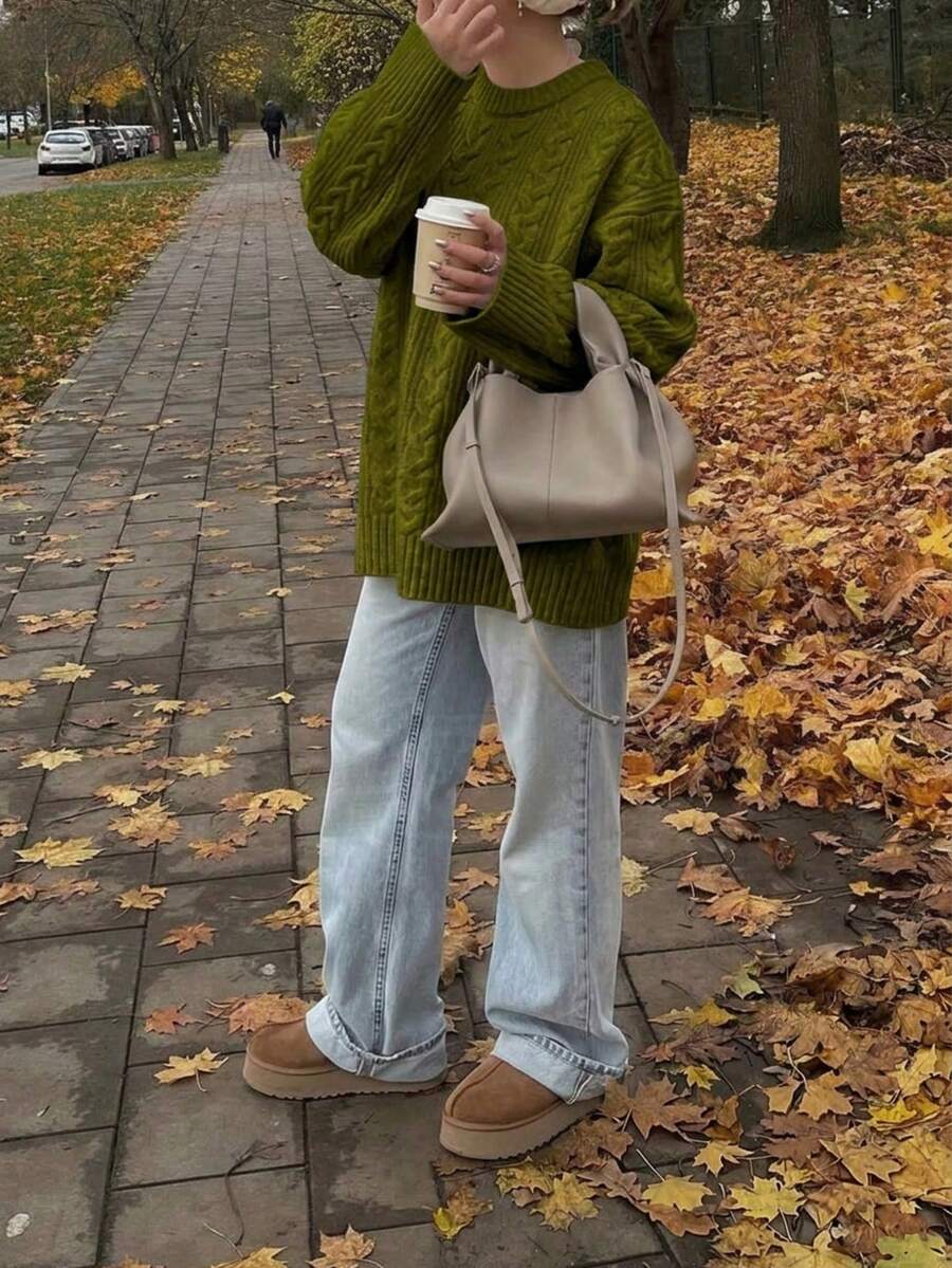 Solenne Oversized Chunky Cable Knit Sweater with Drop Shoulders - Olive