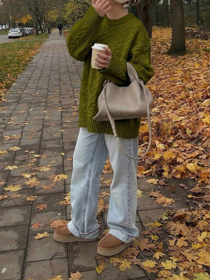 Solenne Oversized Chunky Cable Knit Sweater with Drop Shoulders - Olive