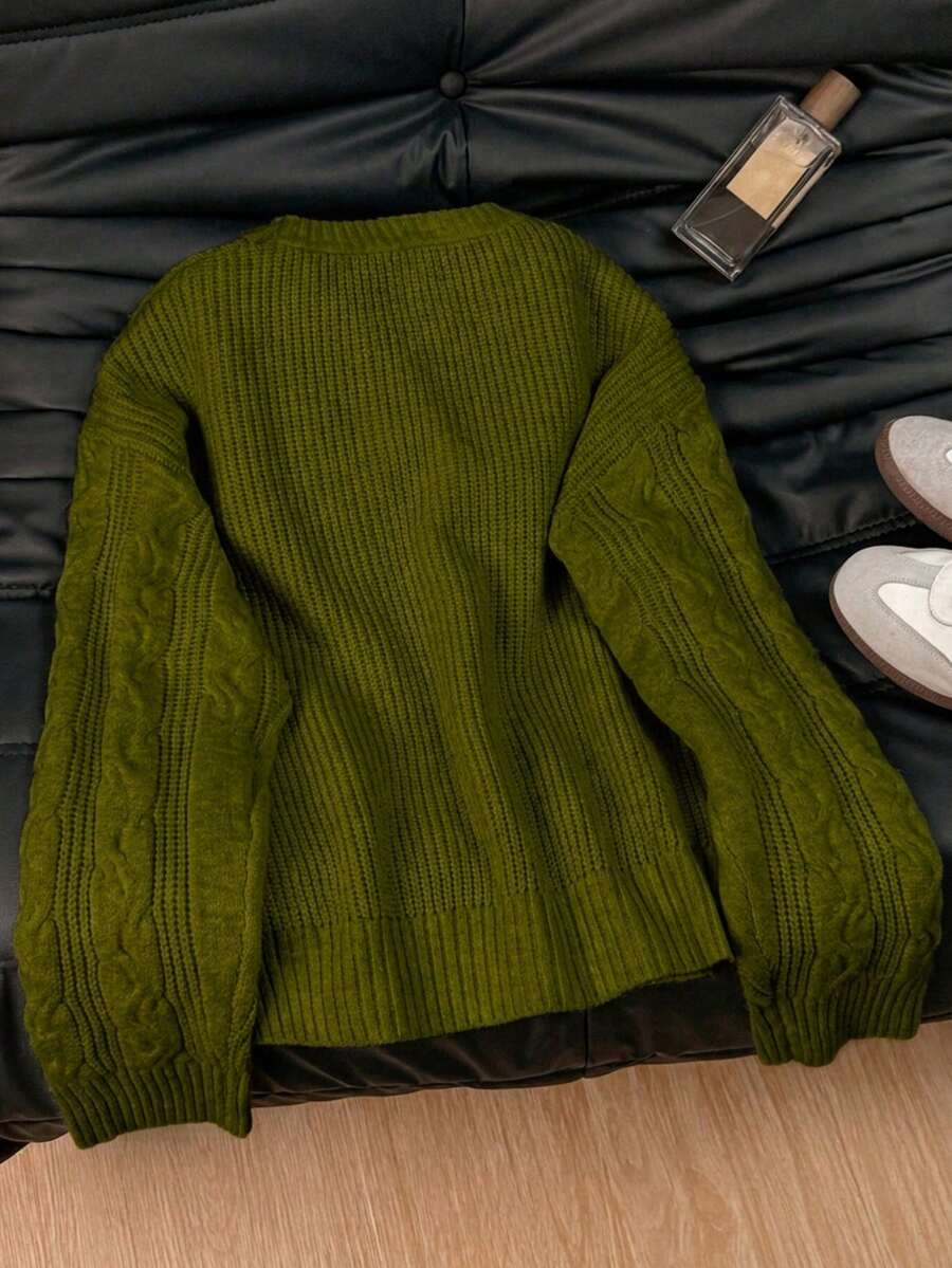 Solenne Oversized Chunky Cable Knit Sweater with Drop Shoulders - Olive